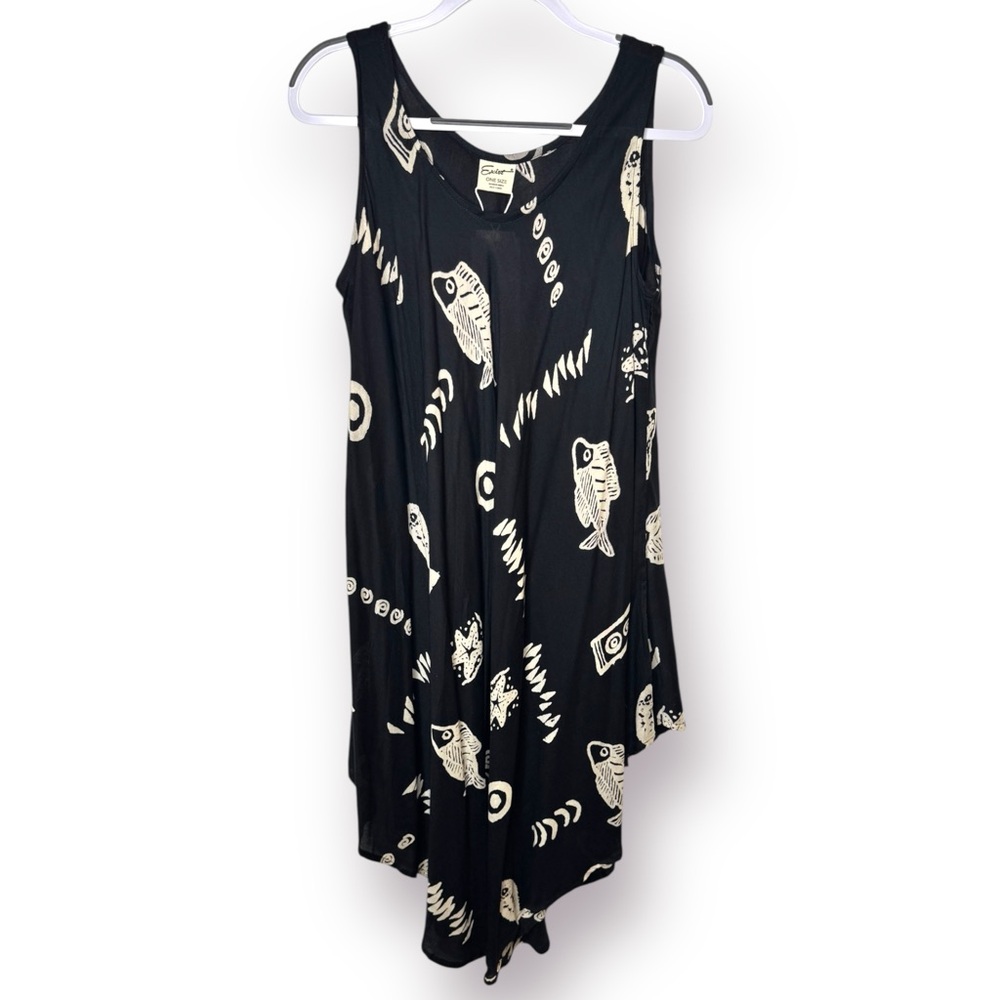 NWT Exist OS Black Cream Fish Print Flowy Sleeveless Swim CoverUp Umbrella Dress